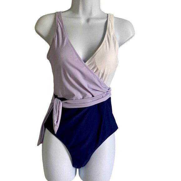 Cupshe One Piece Swimsuit Color Block Tie Side Purple White Size Small NEW NWT - Picture 2 of 11
